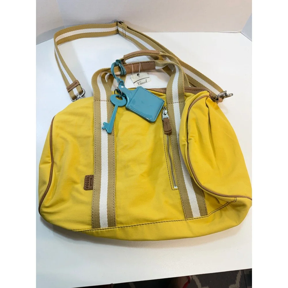 Fossil Key Per Duffle Satchel Yellow Nylon Leather Trim Crossbody Bag
